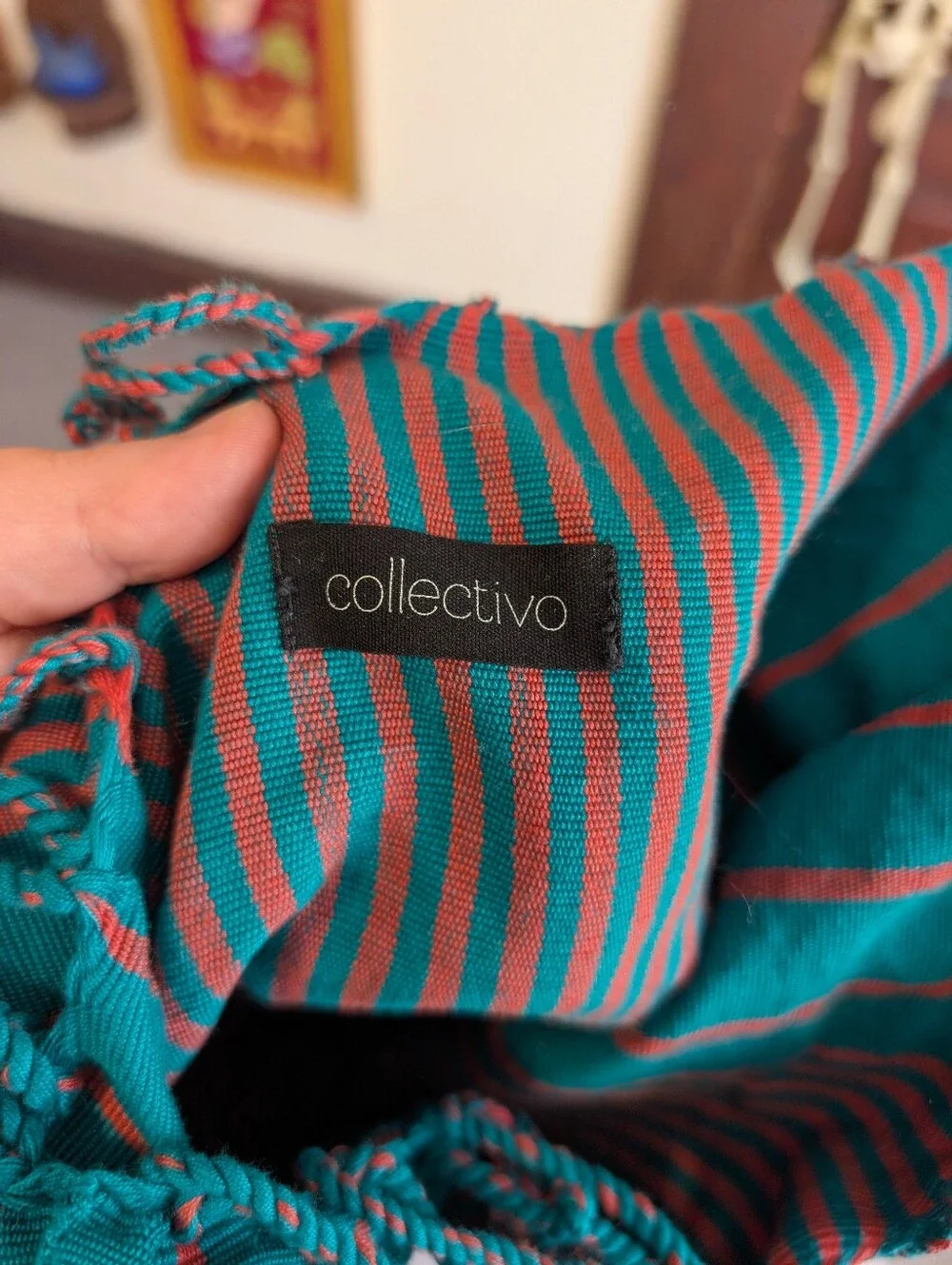 Mercado Bag Chiapas Woven Tote Bag‎ By Collectivo In Teal And Coral 100% Cotton